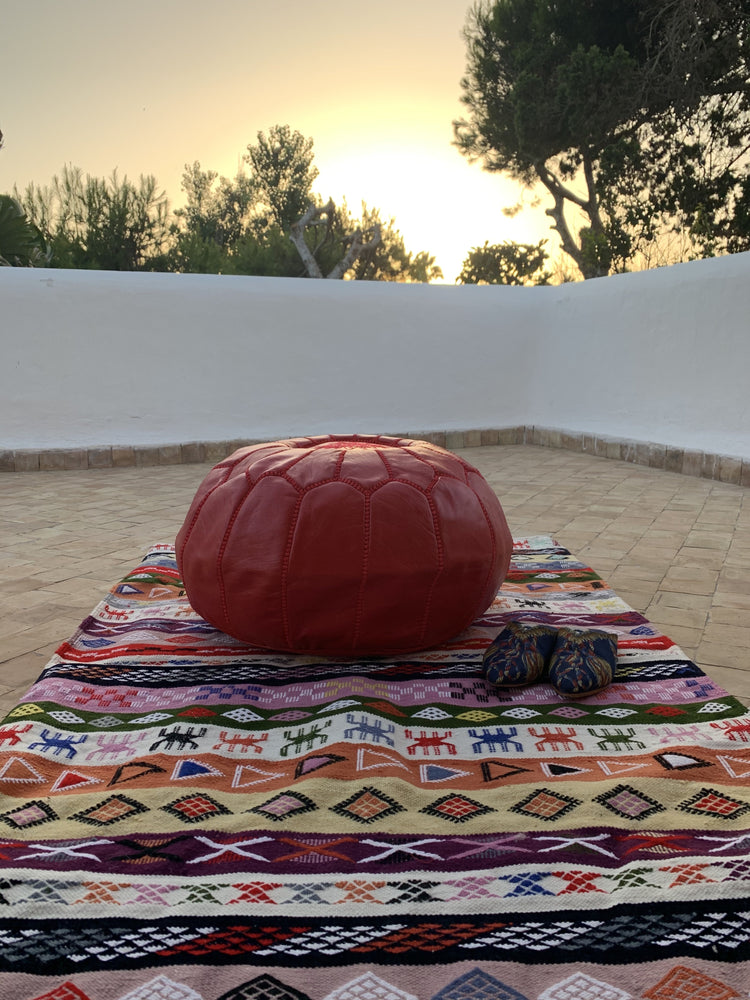 Red on Red Leather Pouf