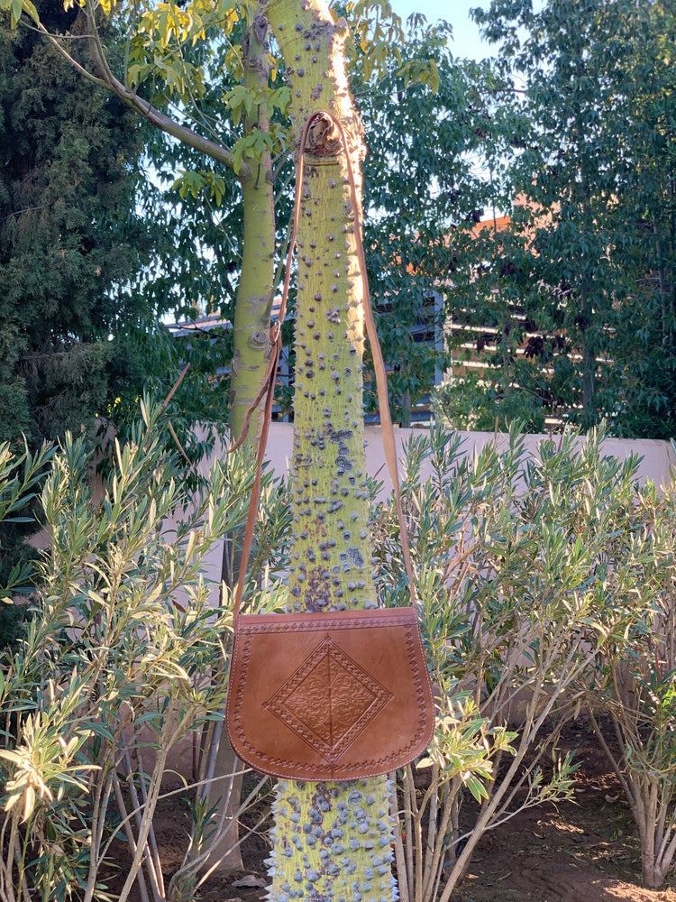 Brown Leather Crossbody Handbag with Diamond Shape