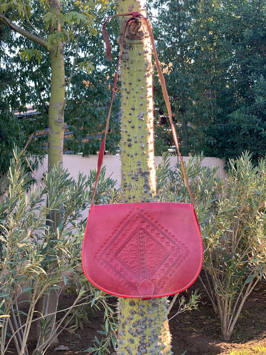 Red Leather Crossbody Handbag with Diamond Shape