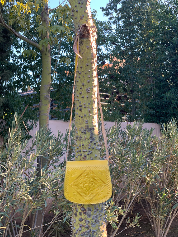 Yellow Leather Crossbody Handbag with Diamond Shape